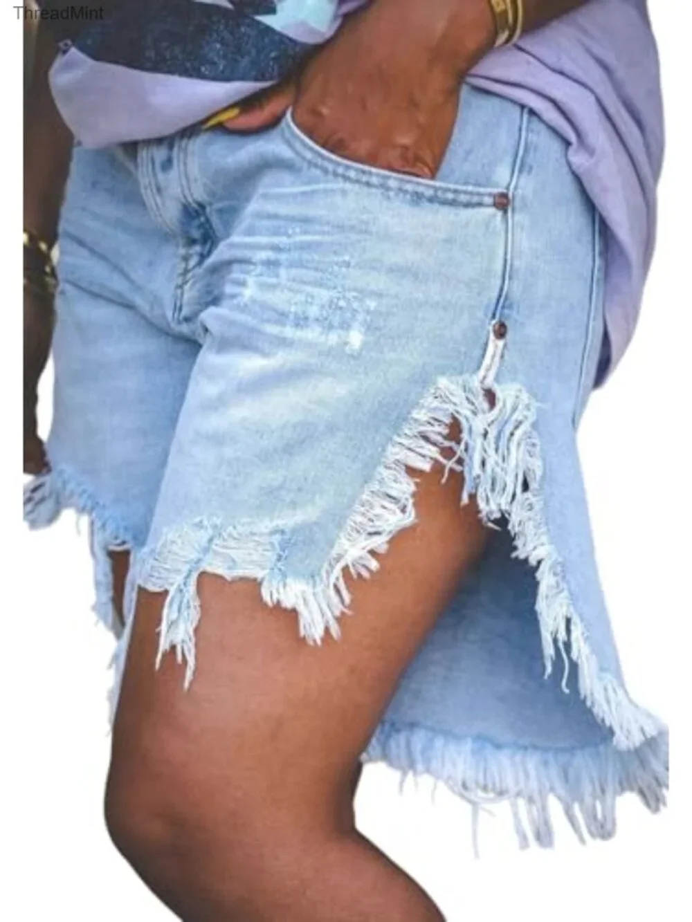 High Waisted Distressed Denim Shorts for Women, Ripped Fringe Long Baggy Jean